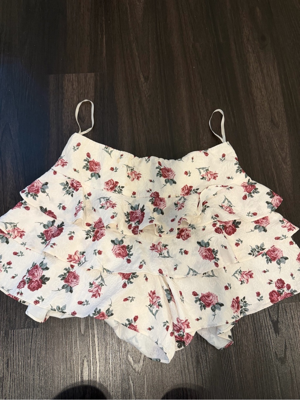 Cotton Candy White Floral Ruffle Women's Shorts with Pink Roses